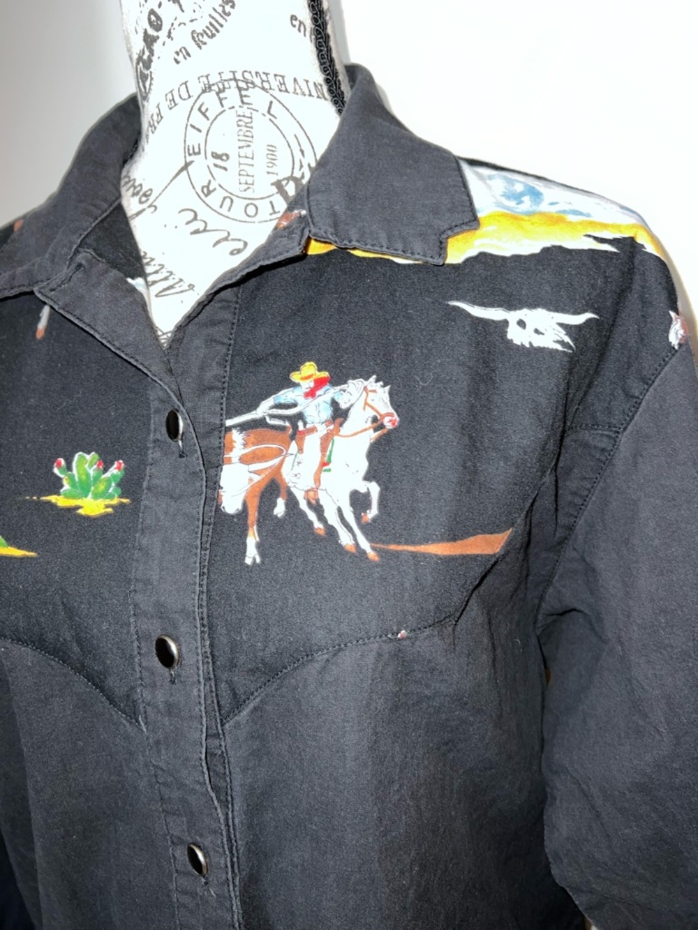 VTG Deserts West by Sherry Holt Cowboy Graphic Pearl Snap Shirt Black Large - Picture 3 of 13